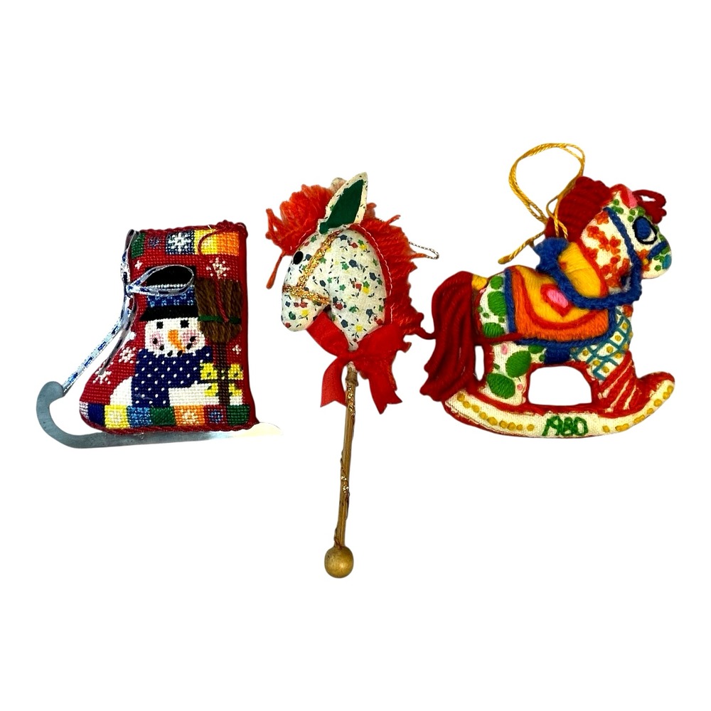VTG 1980s Handmade Fabric Christmas Ornaments Lot Soft Sculpt Horse Ice Skate